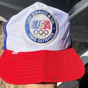 Vintage 1984 Levi Strauss Olympics USA Patch Trucker Hat Made in USA Distressed